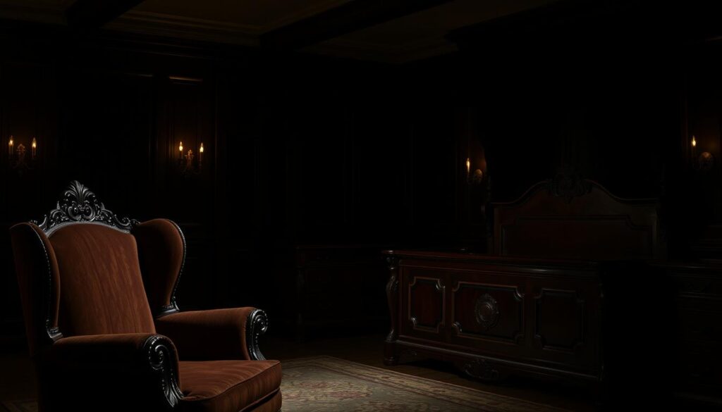 A dimly lit vintage black bedroom with antique mahogany furniture. The foreground features an ornate, high-backed armchair upholstered in rich velvet, while a solid wood dresser with intricate carvings stands in the middle ground. The background is dominated by a majestic, four-poster bed with a heavy, dark canopy, casting dramatic shadows across the room. Soft, warm lighting from a pair of brass sconces accentuates the room's moody, atmospheric ambiance. The overall aesthetic evokes a sense of timeless elegance and refined sophistication.