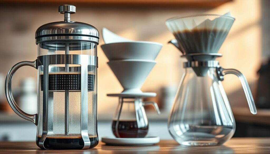 A high-quality, detailed image of two coffee brewing methods - a classic French press and a modern pour-over setup. The French press is prominently featured in the foreground, showcasing its iconic glass carafe and metal plunger. In the middle ground, a sleek pour-over setup is displayed, including a ceramic drip cone, a glass carafe, and a metal filter holder. The background features a soft, blurred kitchen or cafe setting, with warm, natural lighting casting gentle shadows. The overall composition highlights the contrast and unique characteristics of these two popular coffee brewing techniques, inviting the viewer to consider the nuances of each method. A high-quality, detailed image of two coffee brewing methods - a classic French press and a modern pour-over setup. The French press is prominently featured in the foreground, showcasing its iconic glass carafe and metal plunger. In the middle ground, a sleek pour-over setup is displayed, including a ceramic drip cone, a glass carafe, and a metal filter holder. The background features a soft, blurred kitchen or cafe setting, with warm, natural lighting casting gentle shadows. The overall composition highlights the contrast and unique characteristics of these two popular coffee brewing techniques, inviting the viewer to consider the nuances of each method.