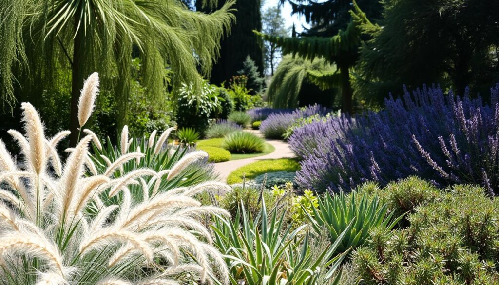 A lush, sun-dappled garden with a serene, muted color palette. In the foreground, a variety of textural plants like feathery ornamental grasses, fuzzy lamb's ear, and vibrant but subdued succulents. The middle ground features a gently winding garden path, flanked by billowing lavender and rosemary bushes. In the background, a mix of tall, swaying trees casts a soft, filtered light over the scene. The overall atmosphere is one of tranquility and natural harmony, inviting the viewer to step into this calming oasis. A lush, sun-dappled garden with a serene, muted color palette. In the foreground, a variety of textural plants like feathery ornamental grasses, fuzzy lamb's ear, and vibrant but subdued succulents. The middle ground features a gently winding garden path, flanked by billowing lavender and rosemary bushes. In the background, a mix of tall, swaying trees casts a soft, filtered light over the scene. The overall atmosphere is one of tranquility and natural harmony, inviting the viewer to step into this calming oasis.
