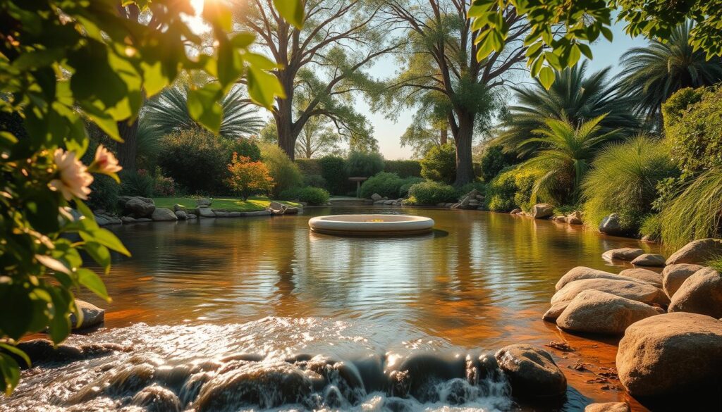A lush, tranquil water feature set amidst a serene garden oasis. In the foreground, a gently flowing stream cascades over smooth river rocks, creating a soothing, meditative ambiance. Framing the scene, verdant foliage and flowering plants sway in a soft breeze, casting dappled shadows across the glimmering surface. In the middle ground, a small, circular pond reflects the azure sky above, its surface unbroken save for the occasional drift of a water lily. Towering trees in the background offer a sense of privacy and enclosure, further enhancing the peaceful, secluded atmosphere. Warm, diffused lighting bathes the entire composition, lending a warm, golden glow and a feeling of timeless tranquility. A lush, tranquil water feature set amidst a serene garden oasis. In the foreground, a gently flowing stream cascades over smooth river rocks, creating a soothing, meditative ambiance. Framing the scene, verdant foliage and flowering plants sway in a soft breeze, casting dappled shadows across the glimmering surface. In the middle ground, a small, circular pond reflects the azure sky above, its surface unbroken save for the occasional drift of a water lily. Towering trees in the background offer a sense of privacy and enclosure, further enhancing the peaceful, secluded atmosphere. Warm, diffused lighting bathes the entire composition, lending a warm, golden glow and a feeling of timeless tranquility.