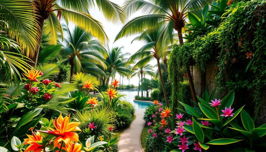 A lush, verdant tropical garden with towering palm trees, vibrant foliage, and cascading vines. In the foreground, an array of colorful flowering plants, such as hibiscus, birds of paradise, and exotic orchids, create a captivating display. The middle ground features a winding pathway flanked by lush ferns, bromeliads, and calatheas, leading the eye deeper into the scene. In the background, a tranquil pool reflects the dappled sunlight filtering through the canopy of the palm fronds above. The overall atmosphere is one of serene, luxurious relaxation, evoking the essence of a tropical paradise. Captured with a wide-angle lens to showcase the depth and scale of the design, the image is lit by warm, natural sunlight casting gentle shadows and highlights. A lush, verdant tropical garden with towering palm trees, vibrant foliage, and cascading vines. In the foreground, an array of colorful flowering plants, such as hibiscus, birds of paradise, and exotic orchids, create a captivating display. The middle ground features a winding pathway flanked by lush ferns, bromeliads, and calatheas, leading the eye deeper into the scene. In the background, a tranquil pool reflects the dappled sunlight filtering through the canopy of the palm fronds above. The overall atmosphere is one of serene, luxurious relaxation, evoking the essence of a tropical paradise. Captured with a wide-angle lens to showcase the depth and scale of the design, the image is lit by warm, natural sunlight casting gentle shadows and highlights.