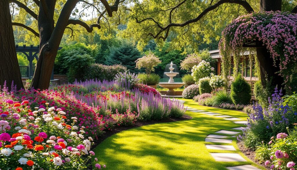 A lush, vibrant floral retreat nestled in a cozy backyard oasis. Delicate blooms of various colors and textures cascade across a tiered garden landscape, creating a serene and enchanting atmosphere. In the foreground, a curved stone pathway winds through a tapestry of fragrant perennials, inviting exploration. Towering trees frame the scene, casting soft, dappled light that filters through the foliage. Ornamental trellises and arches adorned with climbing vines add depth and dimension, leading the eye towards a tranquil water feature in the distance. The overall composition exudes a sense of harmony and natural beauty, perfectly capturing the transformation from a flat, uninspired lawn to a captivating floral retreat. A lush, vibrant floral retreat nestled in a cozy backyard oasis. Delicate blooms of various colors and textures cascade across a tiered garden landscape, creating a serene and enchanting atmosphere. In the foreground, a curved stone pathway winds through a tapestry of fragrant perennials, inviting exploration. Towering trees frame the scene, casting soft, dappled light that filters through the foliage. Ornamental trellises and arches adorned with climbing vines add depth and dimension, leading the eye towards a tranquil water feature in the distance. The overall composition exudes a sense of harmony and natural beauty, perfectly capturing the transformation from a flat, uninspired lawn to a captivating floral retreat.