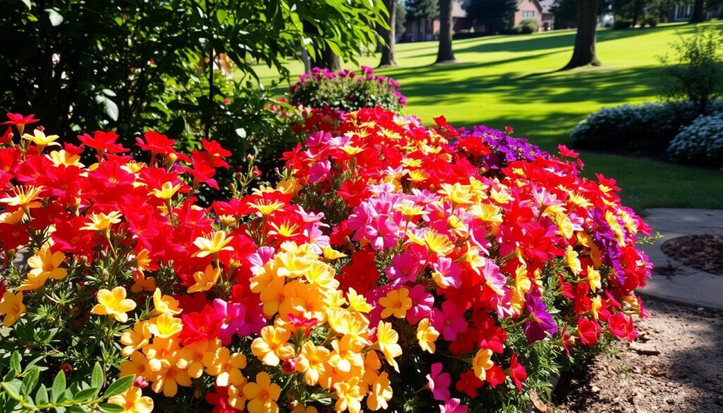 A lush, vibrant flower border in a backyard garden setting. Delicate blooms in a variety of colors - vibrant reds, soft pinks, sunny yellows, and deep purples - spill over a well-tended garden path. The flowers are arranged in an asymmetrical, naturalistic pattern, creating a sense of flow and movement. Dappled sunlight filters through the surrounding foliage, casting gentle shadows and highlighting the textures of the petals. In the background, a glimpse of a verdant lawn and tall trees, creating a serene, pastoral atmosphere. The overall effect is one of natural beauty and tranquility, inviting the viewer to step into this floral retreat. A lush, vibrant flower border in a backyard garden setting. Delicate blooms in a variety of colors - vibrant reds, soft pinks, sunny yellows, and deep purples - spill over a well-tended garden path. The flowers are arranged in an asymmetrical, naturalistic pattern, creating a sense of flow and movement. Dappled sunlight filters through the surrounding foliage, casting gentle shadows and highlighting the textures of the petals. In the background, a glimpse of a verdant lawn and tall trees, creating a serene, pastoral atmosphere. The overall effect is one of natural beauty and tranquility, inviting the viewer to step into this floral retreat.