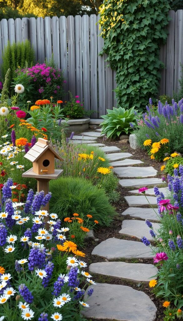 A lush, wildlife-friendly cottage garden scene with a vibrant mix of native flowers, lush foliage, and natural elements. In the foreground, a wooden birdhouse and a birdbath nestled among a profusion of colorful blooms like daisies, lavender, and marigolds. The middle ground showcases a meandering stone path leading through a variety of pollinator-attracting plants like bee balm and butterfly bushes. In the background, a rustic wooden fence is adorned with a cascading vine, creating a charming and inviting atmosphere. The scene is bathed in soft, golden afternoon light, casting warm shadows and highlighting the natural textures. An overall mood of tranquility and harmony with nature.