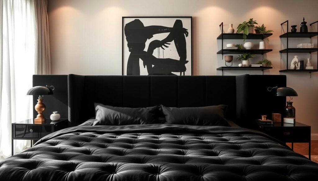 A luxurious black bedroom with an eclectic mix of design elements. In the foreground, a plush velvet tufted headboard frames the focal point, casting dramatic shadows. In the middle ground, vintage brass lamps and a bold geometric rug create visual interest. The background features a statement black and white abstract artwork, complemented by floating shelves displaying an array of curated objects - from ceramic sculptures to lush greenery. Soft, warm lighting filters through sheer curtains, evoking a cozy, intimate atmosphere. Imbued with a sense of timeless sophistication and unexpected elegance.