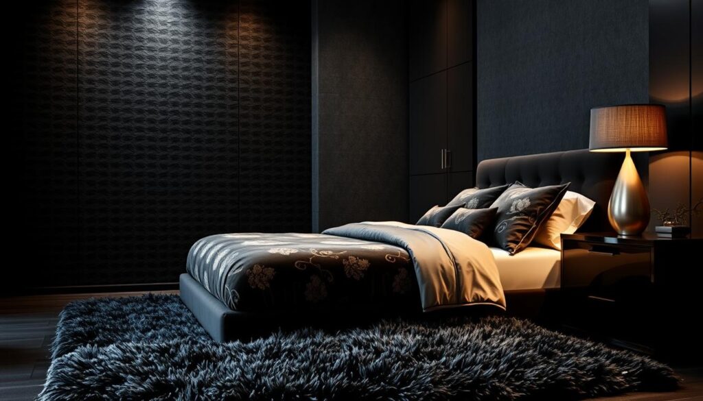 A luxurious black bedroom with layered textures, exuding an air of opulence. In the foreground, a plush, velvet-upholstered bed adorned with richly embroidered bedding and throw pillows. The middle ground features a sumptuous, high-pile area rug and a sleek, minimalist nightstand with a sculptural table lamp casting a warm, ambient glow. The background showcases textured, matte black walls, complemented by dark wood accents and metallic hardware. The lighting is soft and romantic, creating a cozy, cocoon-like atmosphere. This scene evokes a sense of sophisticated, elegant sanctuary.