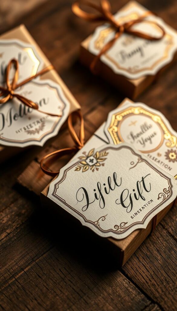 A meticulously crafted close-up shot of an array of custom gift labels, adorned with hand-lettered calligraphy, foil embossing, and intricate patterns. The labels are arranged artfully atop a rustic wooden surface, bathed in warm, diffused lighting that casts gentle shadows, conveying a sense of elegance and attention to detail. The overall composition exudes a tactile, high-end aesthetic, inviting the viewer to imagine the personalized touches that would elevate a simple gift box into a luxurious, bespoke presentation. A meticulously crafted close-up shot of an array of custom gift labels, adorned with hand-lettered calligraphy, foil embossing, and intricate patterns. The labels are arranged artfully atop a rustic wooden surface, bathed in warm, diffused lighting that casts gentle shadows, conveying a sense of elegance and attention to detail. The overall composition exudes a tactile, high-end aesthetic, inviting the viewer to imagine the personalized touches that would elevate a simple gift box into a luxurious, bespoke presentation.
