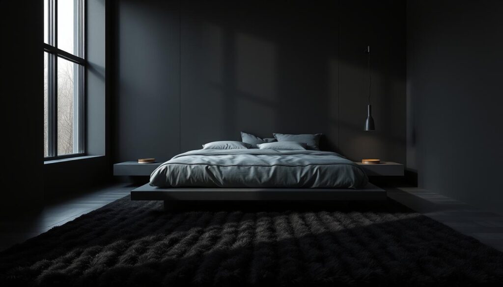 A minimalist black bedroom with clean, architectural lines. The focal point is a sleek, low-profile platform bed with a plush, charcoal-colored duvet. Floating nightstands with subtle lighting flank the bed, casting a warm, ambient glow. The walls are painted in a deep, inky black, creating a cocooning, serene atmosphere. The floor is covered in a lush, textured black rug, adding depth and tactility. Tall, narrow windows frame the room, allowing natural light to filter in and cast dramatic shadows. The overall mood is one of understated elegance and calming simplicity.