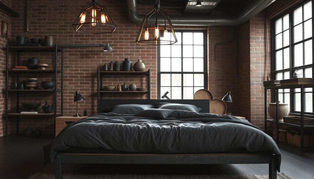 A moody, industrial-inspired black bedroom with raw, textural elements. In the foreground, a low-profile platform bed with a distressed metal frame and a plush, charcoal-colored duvet. Atop the bed, vintage-inspired nightstands crafted from unfinished wood and blackened metal. Overhead, a dramatic, geometric light fixture with exposed bulbs casts a warm, ambient glow. In the background, exposed brick walls and metal shelving units displaying an assortment of industrial-chic decor - rugged ceramics, blackened steel accessories, and raw-edged wooden trays. Soft, diffused lighting filters through large windows, creating a sense of depth and atmosphere. The overall mood is one of understated elegance and a touch of industrial-inspired edge.