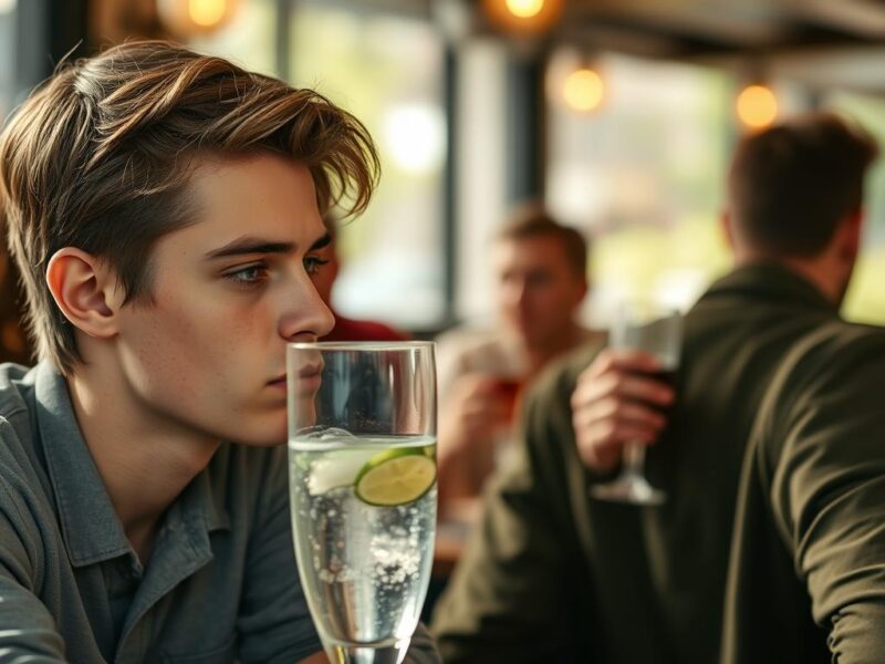 A person contemplating a glass of sparkling water instead of alcohol, representing the sober curious concept