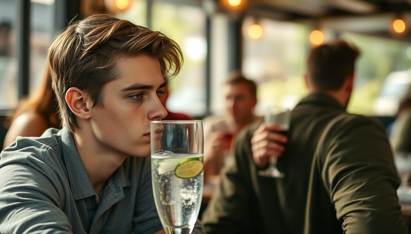 A person contemplating a glass of sparkling water instead of alcohol, representing the sober curious concept