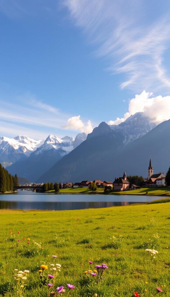 A picturesque landscape of Interlaken, Switzerland, set against the majestic backdrop of the Jungfrau mountain range. In the foreground, a serene lake reflects the towering peaks, their snow-capped summits glowing in the warm afternoon light. Lush, verdant meadows dotted with wildflowers lead the eye towards a quaint village, its charming chalets and church steeples nestled between rolling hills. Wispy clouds drift overhead, casting gentle shadows across the scene. The overall atmosphere is one of tranquility and natural beauty, capturing the essence of the Jungfrau region's breathtaking landscapes. A picturesque landscape of Interlaken, Switzerland, set against the majestic backdrop of the Jungfrau mountain range. In the foreground, a serene lake reflects the towering peaks, their snow-capped summits glowing in the warm afternoon light. Lush, verdant meadows dotted with wildflowers lead the eye towards a quaint village, its charming chalets and church steeples nestled between rolling hills. Wispy clouds drift overhead, casting gentle shadows across the scene. The overall atmosphere is one of tranquility and natural beauty, capturing the essence of the Jungfrau region's breathtaking landscapes.