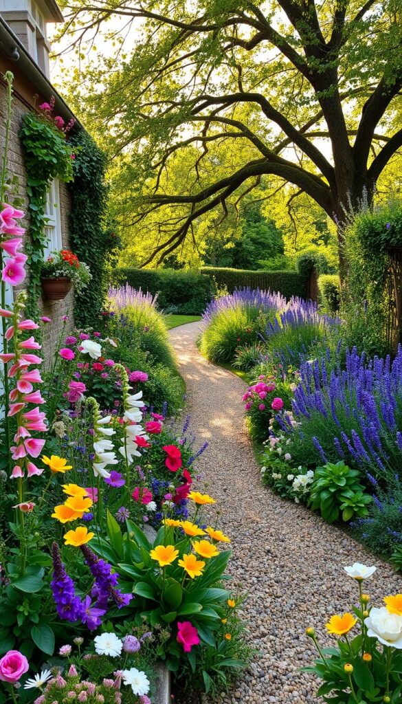 A quaint English cottage garden filled with a lush profusion of blooming flowers. In the foreground, a charming mix of vibrant perennials such as delphinium, foxglove, and peonies spilling over a low stone wall. Trailing vines and cascading blooms of sweet peas, jasmine, and climbing roses frame the scene. The middle ground features a meandering gravel path lined with fragrant lavender and rosemary bushes. Dappled sunlight filters through the branches of a mature apple tree in the background, casting a warm, golden glow over the tranquil garden. The overall mood is one of whimsical enchantment and timeless country elegance.