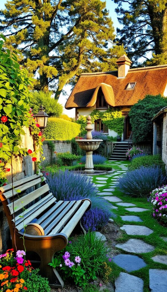 A quaint English cottage garden in the early morning light, its lush foliage and vibrant blooms spilling over stone walls and winding pathways. In the foreground, a vibrant array of colorful perennials and trailing vines frame a rustic wooden bench, inviting visitors to pause and soak in the tranquil ambiance. The middle ground features a meandering path lined with fragrant lavender, leading the eye towards a charming, moss-covered fountain surrounded by cascading flowers. In the background, a picturesque cottage with a thatched roof and weathered wooden siding sits nestled amongst towering trees, casting gentle shadows across the serene scene. The overall atmosphere is one of peaceful, old-world charm and natural beauty.