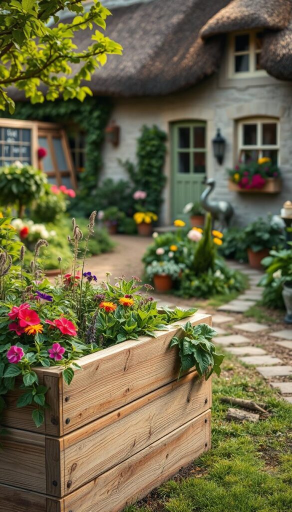 A quaint English cottage garden with a beautifully crafted raised garden bed in the foreground. The bed is made of natural wood planks, weathered by time, and filled with a vibrant mix of colorful flowers and herbs. Lush greenery spills over the edges, creating a charming, cascading effect. The middle ground features a delightful path winding through the garden, lined with potted plants and whimsical garden ornaments. In the background, a cozy cottage with a thatched roof and window boxes adds to the enchanting atmosphere. Soft, warm lighting filters through the scene, casting a gentle glow and enhancing the overall pastoral ambiance.