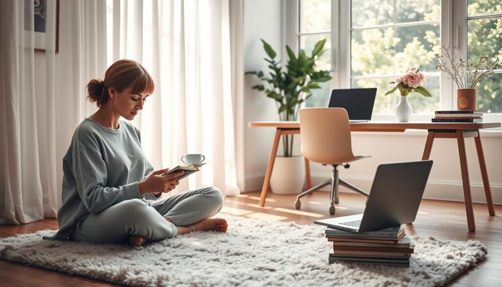 A serene and productive morning scene. In the foreground, a woman sits cross-legged on a plush rug, engrossed in a journal, a cup of steaming tea by her side. Soft natural light filters through sheer curtains, illuminating her focused expression. In the middle ground, a neatly organized desk with a laptop, a vase of fresh flowers, and a stack of inspirational books. The background depicts a cozy home office, with minimalist decor and a large window overlooking a lush garden. The atmosphere is one of calm, introspection, and personal growth.