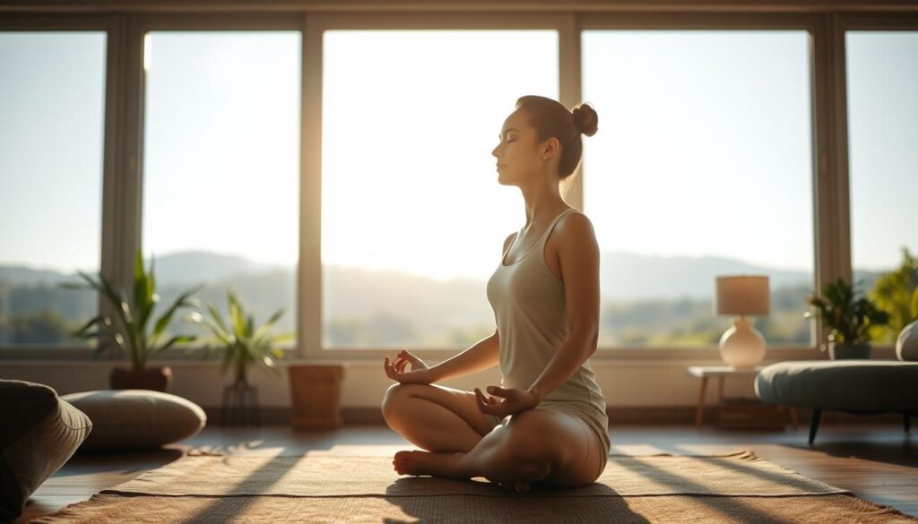 A serene morning scene of a person in lotus position, deeply engaged in meditation, surrounded by natural light filtering through large windows. The foreground shows the meditator's peaceful expression, the rise and fall of their breath, and the hands resting gently in their lap. The middle ground includes minimal, minimalist furniture and decor - a simple cushion, a potted plant, a softly glowing lamp. The background features a tranquil, out-of-focus landscape with distant hills, lush greenery, and a clear, calming sky. The overall atmosphere is one of tranquility, focus, and a sense of inner calm before the day begins.