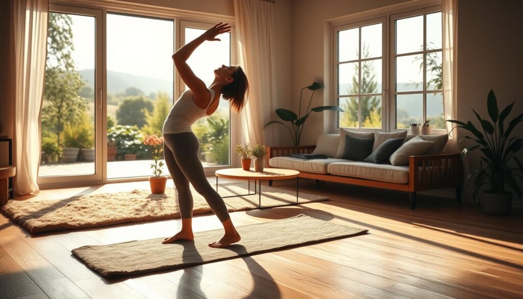 A serene morning scene of a woman performing a gentle yoga routine. The foreground shows her in a graceful standing forward bend, her limbs flowing in smooth, fluid movements. Warm, natural lighting bathes the scene, casting soft shadows. The middle ground features a cozy, minimalist living space with a plush yoga mat, a wooden coffee table, and potted plants. The background depicts a tranquil outdoor setting, with a lush garden and a glimpse of a picturesque landscape through large windows. An atmosphere of peaceful calm and mindful wellness pervades the image.