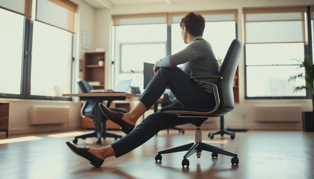 A serene office setting with a person performing a variety of low-impact lower body exercises at their desk. The foreground features a person in business attire sitting upright, with their feet planted firmly on the floor. They are subtly moving their legs, gently lifting and lowering their thighs, engaging their quadriceps and hamstrings. The middle ground showcases the desk, chair, and other office equipment, all bathed in warm, natural lighting that filters in through large windows. The background depicts a cozy, minimalist office space, with muted colors and soft shadows that create a calming, focused atmosphere. The overall scene conveys the effortless integration of simple yet effective desk-based exercises into a professional work environment. A serene office setting with a person performing a variety of low-impact lower body exercises at their desk. The foreground features a person in business attire sitting upright, with their feet planted firmly on the floor. They are subtly moving their legs, gently lifting and lowering their thighs, engaging their quadriceps and hamstrings. The middle ground showcases the desk, chair, and other office equipment, all bathed in warm, natural lighting that filters in through large windows. The background depicts a cozy, minimalist office space, with muted colors and soft shadows that create a calming, focused atmosphere. The overall scene conveys the effortless integration of simple yet effective desk-based exercises into a professional work environment.