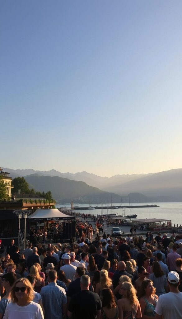 A serene summer evening at the iconic Montreux Jazz Festival, nestled along the shores of the tranquil Lake Geneva in Switzerland. In the foreground, a crowd of music enthusiasts gathers around the festival's iconic main stage, captivated by the soulful melodies drifting through the air. The middle ground features the picturesque Montreux promenade, lined with charming cafes and boutiques, while the distant background showcases the majestic Swiss Alps, their snow-capped peaks casting a warm glow in the setting sun. The scene is bathed in a soft, golden light, creating a nostalgic and inviting atmosphere that perfectly captures the essence of this beloved Swiss cultural event. A serene summer evening at the iconic Montreux Jazz Festival, nestled along the shores of the tranquil Lake Geneva in Switzerland. In the foreground, a crowd of music enthusiasts gathers around the festival's iconic main stage, captivated by the soulful melodies drifting through the air. The middle ground features the picturesque Montreux promenade, lined with charming cafes and boutiques, while the distant background showcases the majestic Swiss Alps, their snow-capped peaks casting a warm glow in the setting sun. The scene is bathed in a soft, golden light, creating a nostalgic and inviting atmosphere that perfectly captures the essence of this beloved Swiss cultural event.
