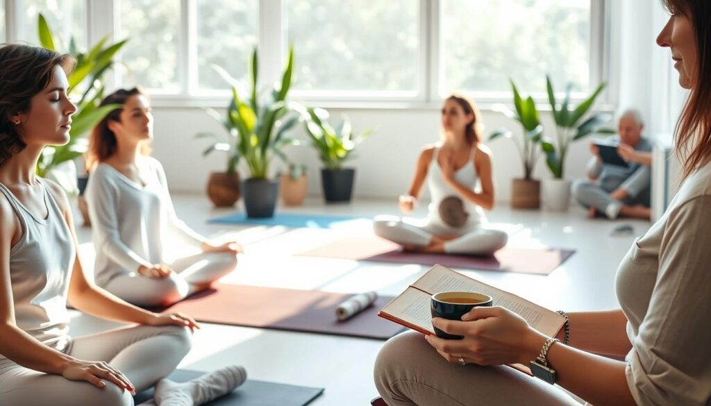 A serene, sun-drenched morning scene of women engaged in various mindfulness practices. In the foreground, a group of three women sit cross-legged on plush yoga mats, their eyes closed in deep meditation, surrounded by lush, verdant potted plants. In the middle ground, a woman performs gentle, flowing yoga poses, her movements graceful and deliberate, as light streams in through large windows. In the background, another woman sits quietly, journaling in a leather-bound notebook, sipping from a steaming mug of herbal tea. The atmosphere is one of tranquility and inner focus, with soft, diffused natural lighting and muted, calming colors creating a sense of peaceful refuge.