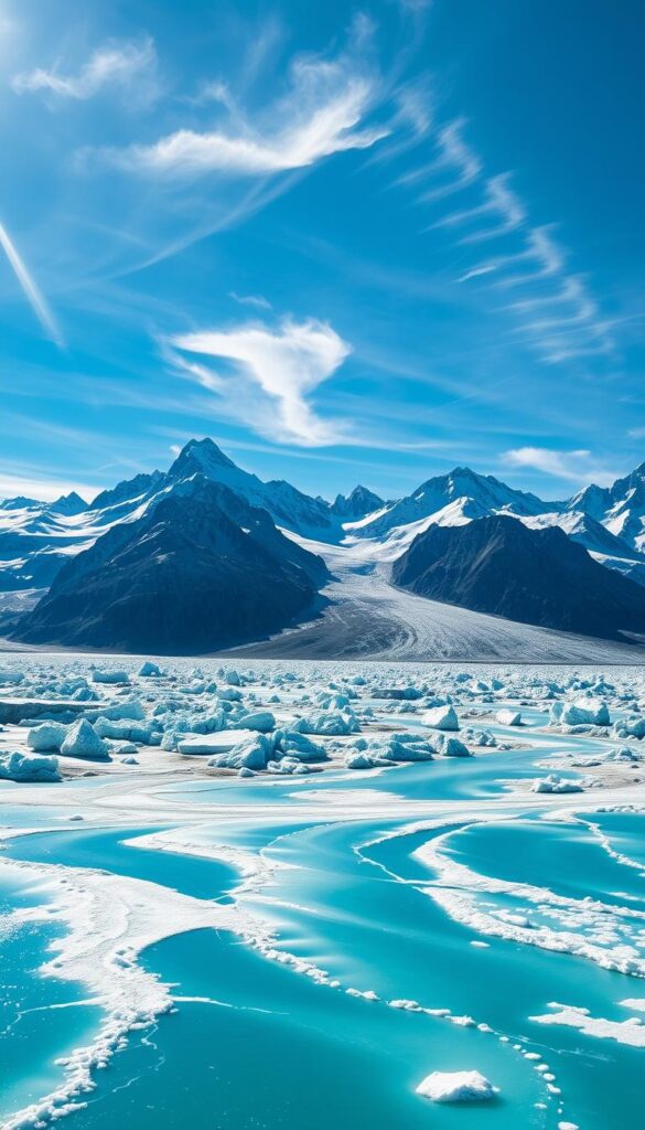 A stunning, panoramic vista of the Aletsch Glacier in the Swiss Alps. In the foreground, the vast, azure expanse of the glacier's surface, dotted with crevasses and seracs, reflecting the sunlight in a mesmerizing display. In the middle ground, the towering, snow-capped peaks of the surrounding mountains rise majestically, their jagged edges casting dramatic shadows. In the background, a hazy, azure sky, with wispy clouds drifting lazily overhead, creating a serene and awe-inspiring atmosphere. Captured with a wide-angle lens, the scene conveys a sense of grandeur and scale, inviting the viewer to immerse themselves in the breathtaking natural beauty of this iconic Swiss landscape. A stunning, panoramic vista of the Aletsch Glacier in the Swiss Alps. In the foreground, the vast, azure expanse of the glacier's surface, dotted with crevasses and seracs, reflecting the sunlight in a mesmerizing display. In the middle ground, the towering, snow-capped peaks of the surrounding mountains rise majestically, their jagged edges casting dramatic shadows. In the background, a hazy, azure sky, with wispy clouds drifting lazily overhead, creating a serene and awe-inspiring atmosphere. Captured with a wide-angle lens, the scene conveys a sense of grandeur and scale, inviting the viewer to immerse themselves in the breathtaking natural beauty of this iconic Swiss landscape.