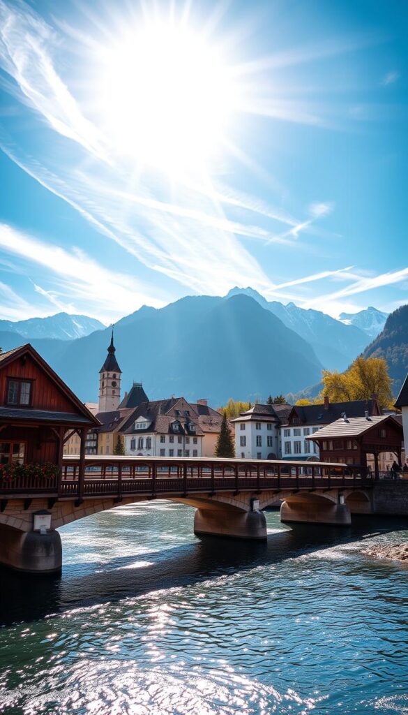 A sun-dappled alpine scene, the historic Kapellbrücke (Chapel Bridge) spanning the serene Reuss River, flanked by the majestic peaks of Mount Pilatus. In the foreground, the wooden bridge's iconic triangular roof tiles and flower-bedecked railings cast warm reflections in the shimmering waters. The middle ground reveals the quaint old town of Lucerne, its colorful facades and clock towers nestled against the dramatic mountain backdrop. High above, wispy clouds drift across a brilliant azure sky, illuminating the rugged, snow-capped summits. A wide-angle lens captures the grandeur of this timeless landscape, radiating a sense of peaceful tranquility and outdoor adventure. A sun-dappled alpine scene, the historic Kapellbrücke (Chapel Bridge) spanning the serene Reuss River, flanked by the majestic peaks of Mount Pilatus. In the foreground, the wooden bridge's iconic triangular roof tiles and flower-bedecked railings cast warm reflections in the shimmering waters. The middle ground reveals the quaint old town of Lucerne, its colorful facades and clock towers nestled against the dramatic mountain backdrop. High above, wispy clouds drift across a brilliant azure sky, illuminating the rugged, snow-capped summits. A wide-angle lens captures the grandeur of this timeless landscape, radiating a sense of peaceful tranquility and outdoor adventure.