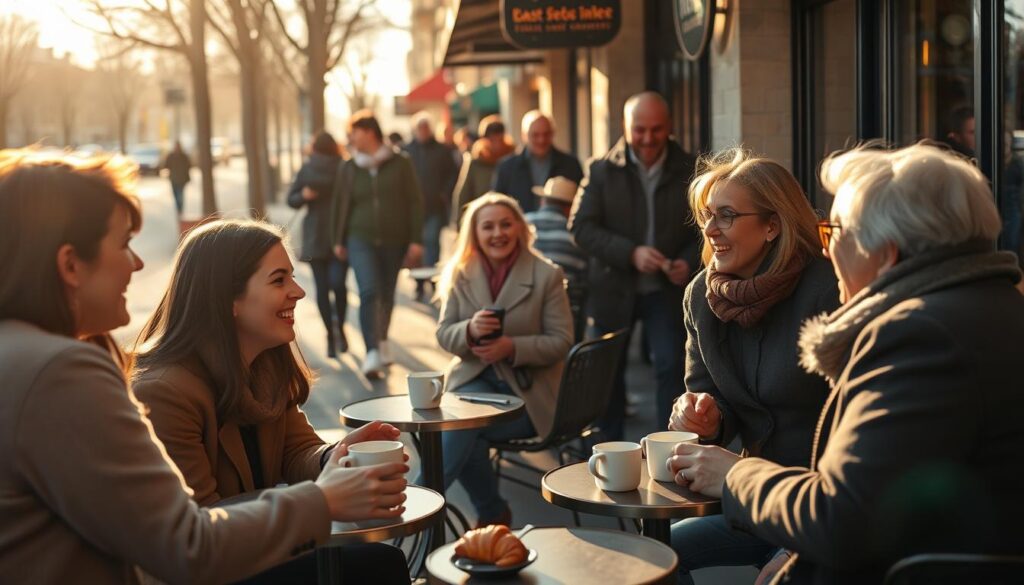 A sun-dappled outdoor cafe on a crisp morning, people gathered around small tables, chatting animatedly over steaming mugs and croissants. In the foreground, two friends lean in, engaged in lively conversation, their expressions warm and open. Behind them, a group of coworkers laugh together, their body language relaxed and inviting. In the middle ground, a young woman smiles as she greets an elderly neighbor, the exchange marked by a genuine sense of community. In the background, pedestrians stroll by, their pace unhurried, taking in the atmosphere of casual, positive social interactions. The lighting is soft and golden, lending an air of tranquility to the scene. The overall mood is one of connection, warmth, and a sense of well-being on a beautiful morning.