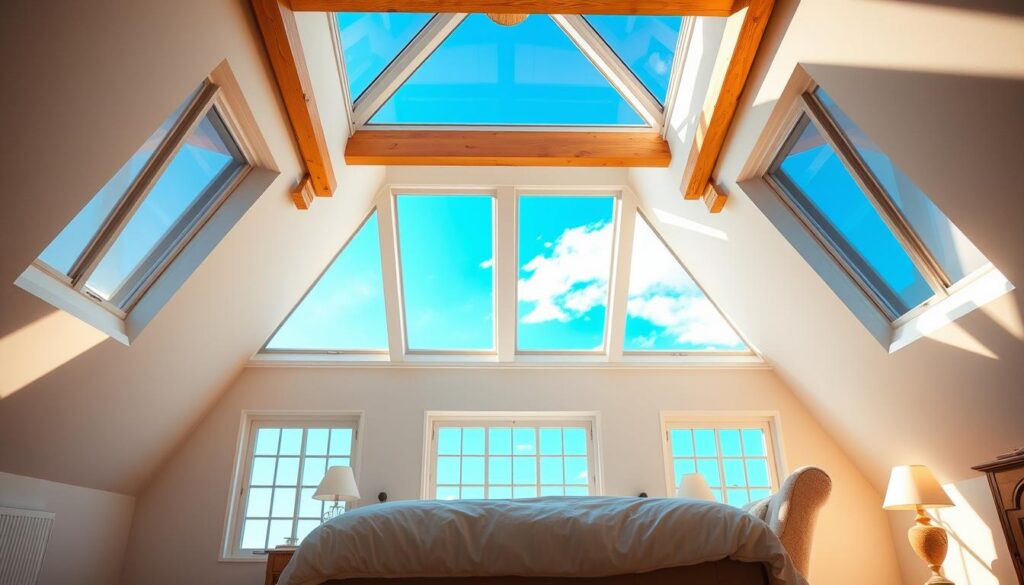 A sun-drenched attic bedroom with an airy, inviting ambiance. The focal point is a pair of large skylights that flood the space with warm, diffused natural light, casting a soft glow over the serene scene. Framed by the skylights are two sash windows, their panes reflecting the brilliant azure sky outside. The cozy bedroom furnishings, including a plush bed and cozy armchair, are bathed in this ethereal illumination, creating a tranquil, rejuvenating atmosphere. Wooden beams traverse the vaulted ceiling, adding rustic charm to the space. The overall composition emphasizes the breathtaking views and the harmonious interplay of light and architecture, embodying the essence of "Maximizing Natural Light and Views".