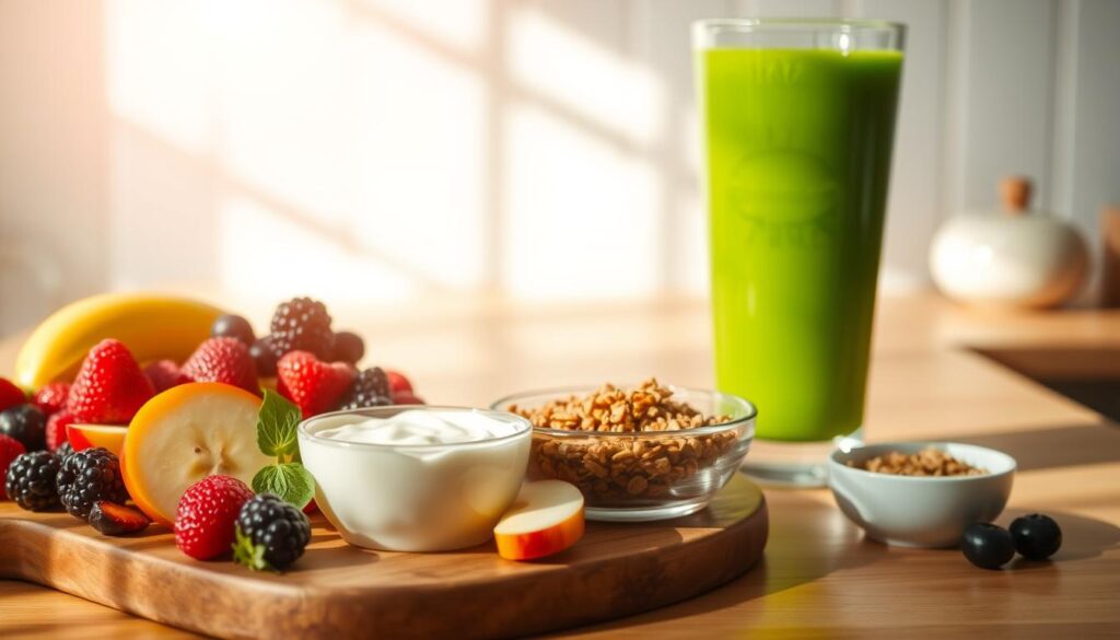 A sun-drenched kitchen counter showcases an artful arrangement of healthy morning snack options. In the foreground, a wooden board displays an assortment of fresh fruits - juicy berries, sliced apples, and ripe bananas. Nearby, a small bowl of crunchy granola and a glass of creamy yogurt invite a nourishing start to the day. In the middle ground, a vibrant green smoothie in a glass tumbler stands ready, its vibrant hues reflecting the wellness-focused theme. The background features a minimalist white wall, allowing the colorful snacks to take center stage. The overall scene is bathed in warm, natural lighting, creating a tranquil and inviting atmosphere for this healthy morning repast.