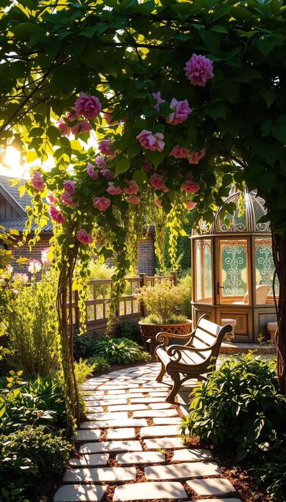A tranquil English cottage garden bathed in warm, golden sunlight. In the foreground, a variety of lush, trailing vines and leafy plants provide ample shade, casting dappled patterns on the flagstone path below. A delicate trellis supports a vibrant flowering vine, its cascading blooms creating a captivating, natural canopy. In the middle ground, a rustic wooden bench sits nestled beneath the shade, inviting visitors to pause and soak in the serene ambiance. The background features an ornate wrought-iron gazebo, its intricate metalwork offering additional layers of shade and architectural interest. The overall scene exudes a sense of peaceful respite, showcasing charming shade solutions for a sunny English garden.