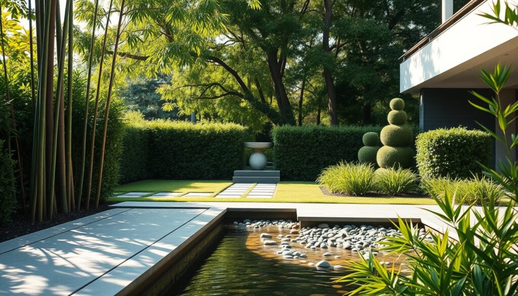 A tranquil modern garden with sleek linear elements and structured greenery. In the foreground, a minimalist water feature with smooth pebbles and a gentle stream. Framing the scene, tall bamboo plants sway gracefully in the light breeze. In the middle ground, neatly trimmed hedges and sculpted topiary forms create a sense of order and balance. The background features a backdrop of lush, verdant foliage, illuminated by warm, diffused sunlight filtering through the canopy. The overall atmosphere is one of serenity and contemporary sophistication, inviting the viewer to experience a harmonious fusion of nature and modern design. A tranquil modern garden with sleek linear elements and structured greenery. In the foreground, a minimalist water feature with smooth pebbles and a gentle stream. Framing the scene, tall bamboo plants sway gracefully in the light breeze. In the middle ground, neatly trimmed hedges and sculpted topiary forms create a sense of order and balance. The background features a backdrop of lush, verdant foliage, illuminated by warm, diffused sunlight filtering through the canopy. The overall atmosphere is one of serenity and contemporary sophistication, inviting the viewer to experience a harmonious fusion of nature and modern design.