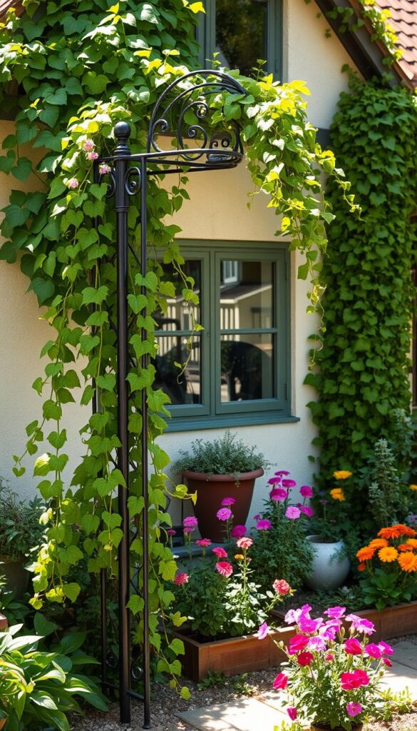 A verdant vertical garden trellis stands tall against a backdrop of a quaint English cottage. The ornate metal frame supports lush, cascading vines and trailing flowers, creating a captivating focal point. Dappled sunlight filters through the greenery, casting a warm, natural glow. The trellis is positioned in the foreground, drawing the eye upwards towards its intricate design. In the middle ground, a well-tended cottage garden bursts with vibrant blooms, complementing the vertical element. The scene evokes a sense of tranquility and effortless charm, perfectly suited for a small-space English cottage garden.