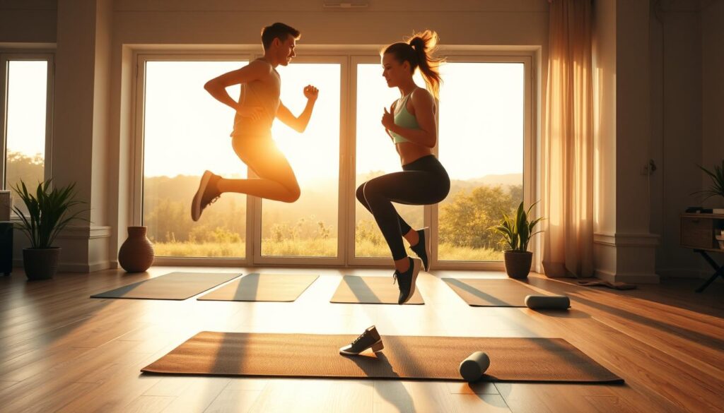 A vibrant and energetic morning scene of a person performing a quick workout routine. The foreground shows a fit individual in athletic wear, mid-motion, executing a series of dynamic exercises like jumping jacks, squats, and high knees. The middle ground features a minimalist home gym setup with yoga mats, resistance bands, and a lightweight dumbbell. The background depicts a well-lit, airy space with large windows overlooking a serene natural landscape, flooding the scene with warm, golden-hour sunlight. The overall atmosphere conveys a sense of positive energy, healthy habits, and personal empowerment.
