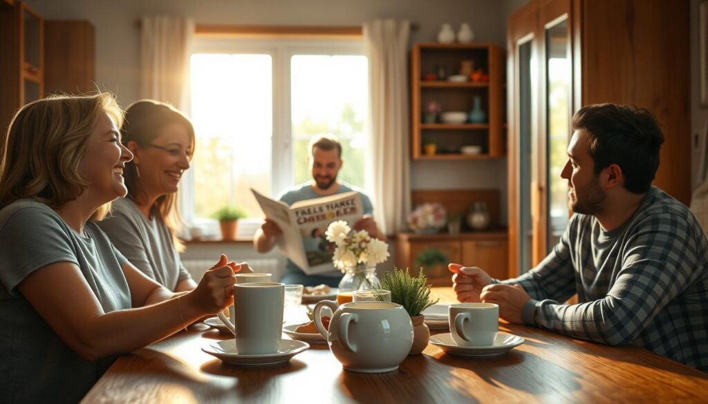 A warm, cozy kitchen filled with morning light, a family gathered around a wooden table, sharing a meal and conversation. In the foreground, a mother and daughter laughing together over a steaming mug of coffee, their hands clasped. In the middle ground, a father reading the newspaper, a son beside him, engaged in a lively discussion. In the background, a window overlooking a tranquil garden, the gentle breeze rustling the leaves. The scene radiates a sense of connection, contentment, and the simple joy of starting the day together.
