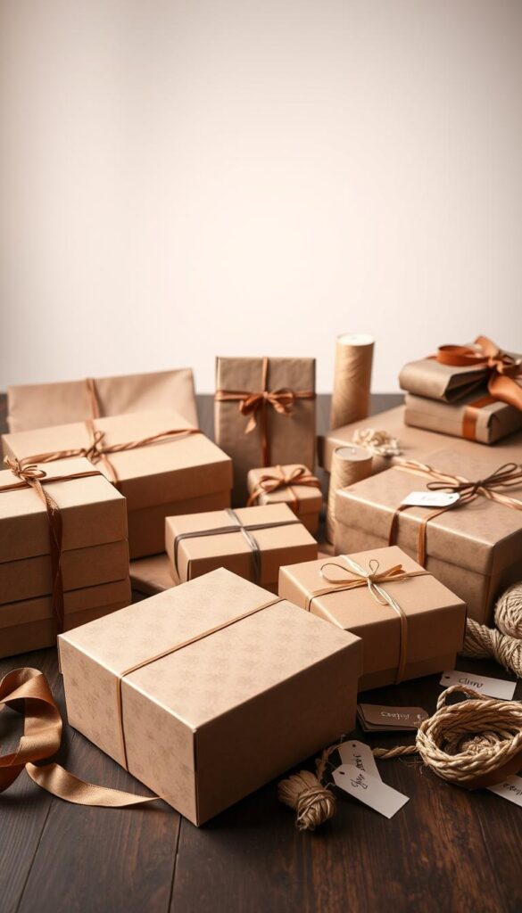 A well-lit studio table showcases an array of affordable yet luxurious-looking gift packaging materials. In the foreground, a stack of plain cardboard boxes in various sizes, their surfaces adorned with delicate patterns created by embossed foil accents. Surrounding them, an assortment of textured wrapping papers in muted earth tones, ribbons in satin and velvet, and decorative twines in natural fibers. The middle ground features a selection of creative gift tags and labels, their designs minimalist yet elegant. In the background, a soft, diffused lighting illuminates the scene, casting a warm, inviting glow and highlighting the tactile qualities of the materials, creating an atmosphere of understated sophistication. A well-lit studio table showcases an array of affordable yet luxurious-looking gift packaging materials. In the foreground, a stack of plain cardboard boxes in various sizes, their surfaces adorned with delicate patterns created by embossed foil accents. Surrounding them, an assortment of textured wrapping papers in muted earth tones, ribbons in satin and velvet, and decorative twines in natural fibers. The middle ground features a selection of creative gift tags and labels, their designs minimalist yet elegant. In the background, a soft, diffused lighting illuminates the scene, casting a warm, inviting glow and highlighting the tactile qualities of the materials, creating an atmosphere of understated sophistication.