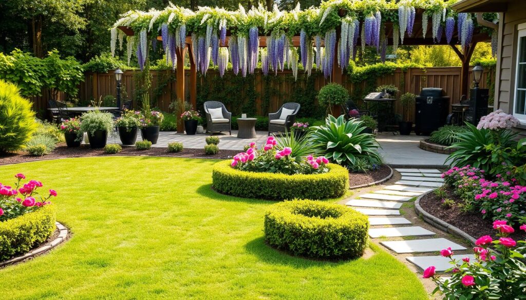 A well-planned backyard garden with distinct zones for seamless outdoor flow. In the foreground, a lush, verdant lawn dotted with vibrant flower beds and neatly trimmed hedges. In the middle ground, a meandering stone pathway leads to a tranquil seating area surrounded by fragrant rose bushes and cascading vines. The background features a picturesque wooden pergola draped with wisteria, casting a warm, dappled light across the scene. The overall mood is one of serene harmony, inviting the viewer to imagine themselves strolling through this meticulously designed, yet naturally flowing garden retreat. A well-planned backyard garden with distinct zones for seamless outdoor flow. In the foreground, a lush, verdant lawn dotted with vibrant flower beds and neatly trimmed hedges. In the middle ground, a meandering stone pathway leads to a tranquil seating area surrounded by fragrant rose bushes and cascading vines. The background features a picturesque wooden pergola draped with wisteria, casting a warm, dappled light across the scene. The overall mood is one of serene harmony, inviting the viewer to imagine themselves strolling through this meticulously designed, yet naturally flowing garden retreat.