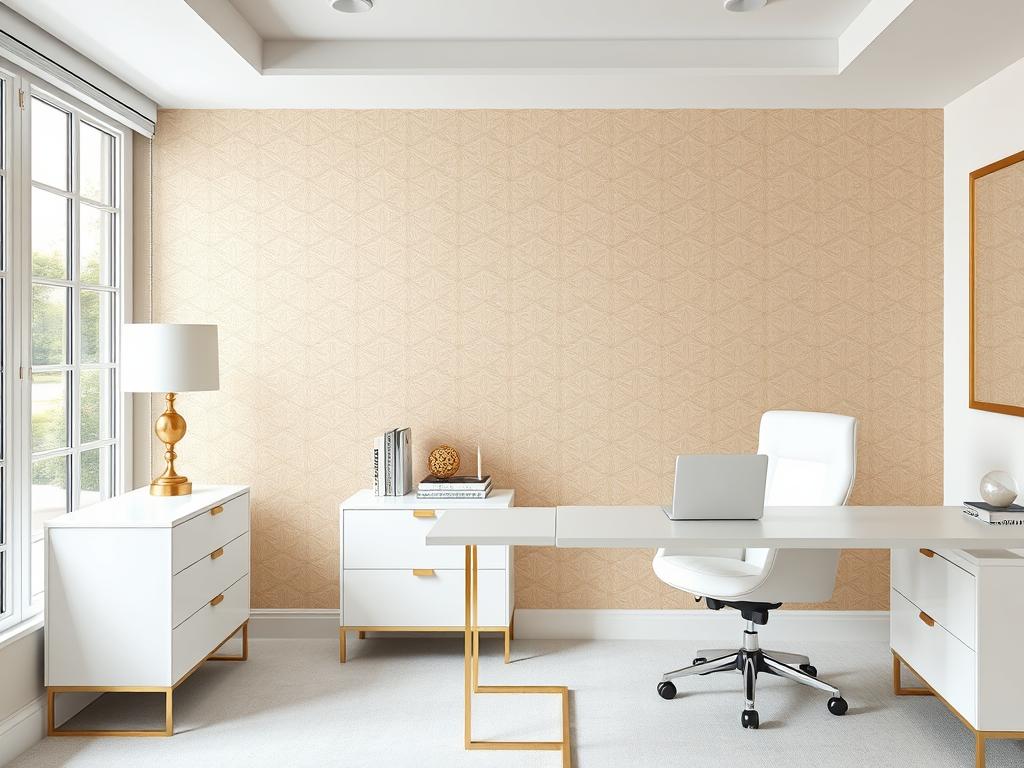 Accent wall with subtle gold pattern wallpaper in a glamorous office Accent wall with subtle gold pattern wallpaper in a glamorous office