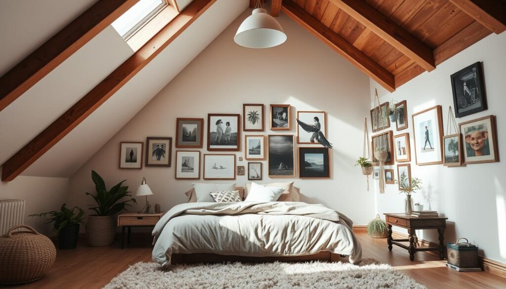 An airy, sun-drenched attic bedroom, the warm wooden beams and pale walls creating a cozy, rustic ambiance. In the foreground, a neatly made bed adorned with plush, neutral-toned bedding and a array of decorative pillows. On the walls, an eclectic gallery of framed artwork and photographs, their frames in various wood tones and metal finishes, arranged in a visually striking asymmetrical pattern. Lush house plants in macrame hangers and a plush area rug complete the inviting, lived-in feel. Soft, diffused lighting from a pendant fixture illuminates the space, casting a gentle glow. The overall mood is one of relaxed sophistication and creativity.