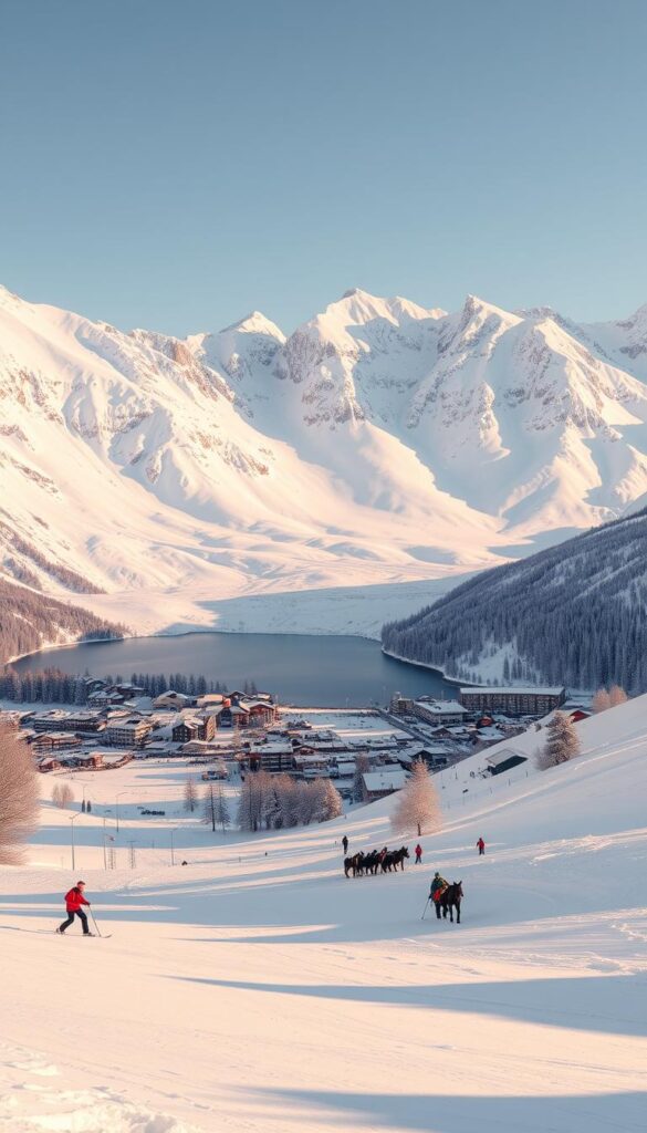 An expansive winter wonderland in the Swiss Alps, the scenic town of St. Moritz nestled in the Engadin Valley. A wide-angle view reveals its iconic ski slopes blanketed in pristine snow, framed by towering snow-capped peaks bathed in warm, golden sunlight. In the foreground, skiers and snowboarders carve graceful turns down the slopes, while in the middle ground, horse-drawn sleighs glide along the frozen lake. The background is dominated by the majestic Corviglia mountain range, its rugged cliffs and glaciers casting long shadows over the peaceful scene. The crisp, clear air and glistening snowscape evoke a sense of tranquility and adventure, perfectly capturing the essence of this renowned winter sports destination. An expansive winter wonderland in the Swiss Alps, the scenic town of St. Moritz nestled in the Engadin Valley. A wide-angle view reveals its iconic ski slopes blanketed in pristine snow, framed by towering snow-capped peaks bathed in warm, golden sunlight. In the foreground, skiers and snowboarders carve graceful turns down the slopes, while in the middle ground, horse-drawn sleighs glide along the frozen lake. The background is dominated by the majestic Corviglia mountain range, its rugged cliffs and glaciers casting long shadows over the peaceful scene. The crisp, clear air and glistening snowscape evoke a sense of tranquility and adventure, perfectly capturing the essence of this renowned winter sports destination.