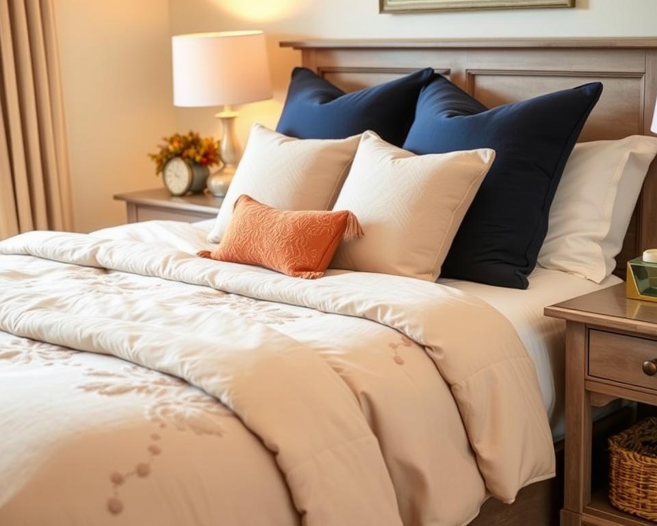 Autumn coastal bedding with neutral comforter, blue accents, and subtle terracotta touches Autumn coastal bedding with neutral comforter, blue accents, and subtle terracotta touches