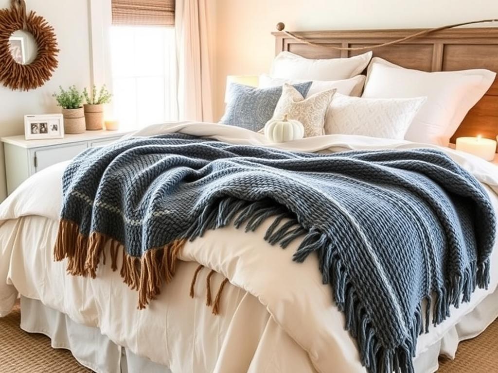 Autumn coastal bedroom with layered neutral bedding, textured throws, and subtle sea-inspired accents Autumn coastal bedroom with layered neutral bedding, textured throws, and subtle sea-inspired accents