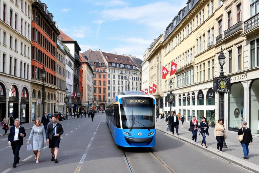 Bahnhofstrasse shopping street in Zurich with trams and shops - 7-day Switzerland itinerary Bahnhofstrasse shopping street in Zurich with trams and shops - 7-day Switzerland itinerary