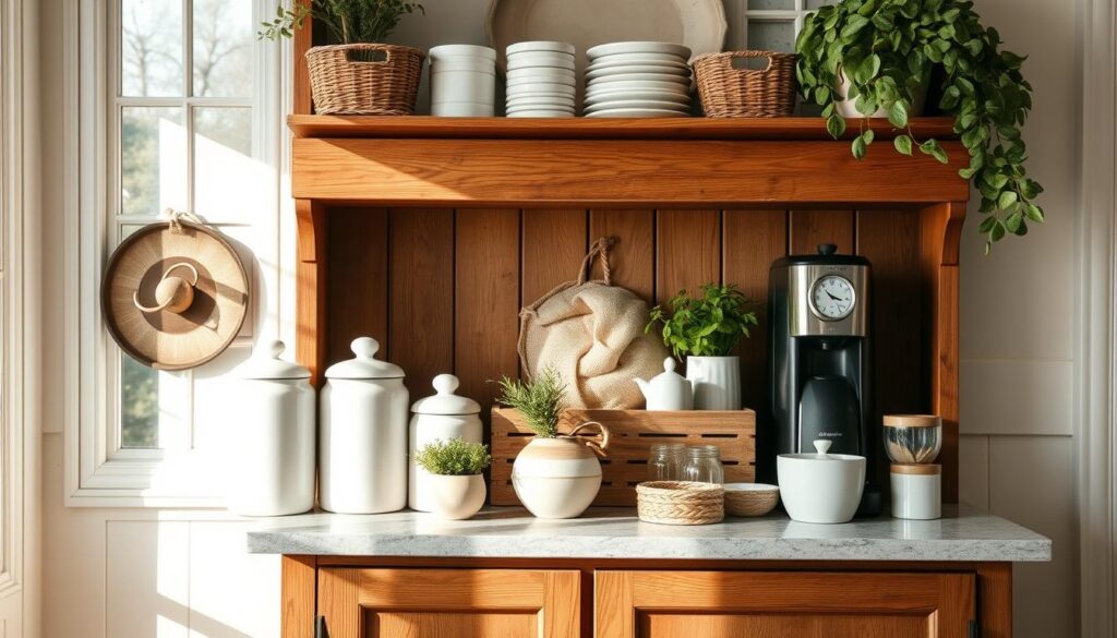 Beautifully styled farmhouse coffee bar with layered textures and materials Beautifully styled farmhouse coffee bar with layered textures and materials