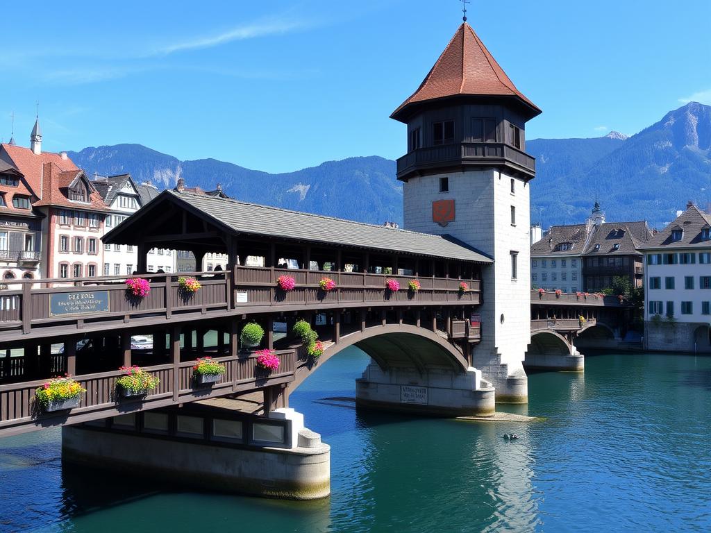 Chapel Bridge in Lucerne with water tower and mountain backdrop - 7-day Switzerland itinerary Chapel Bridge in Lucerne with water tower and mountain backdrop - 7-day Switzerland itinerary