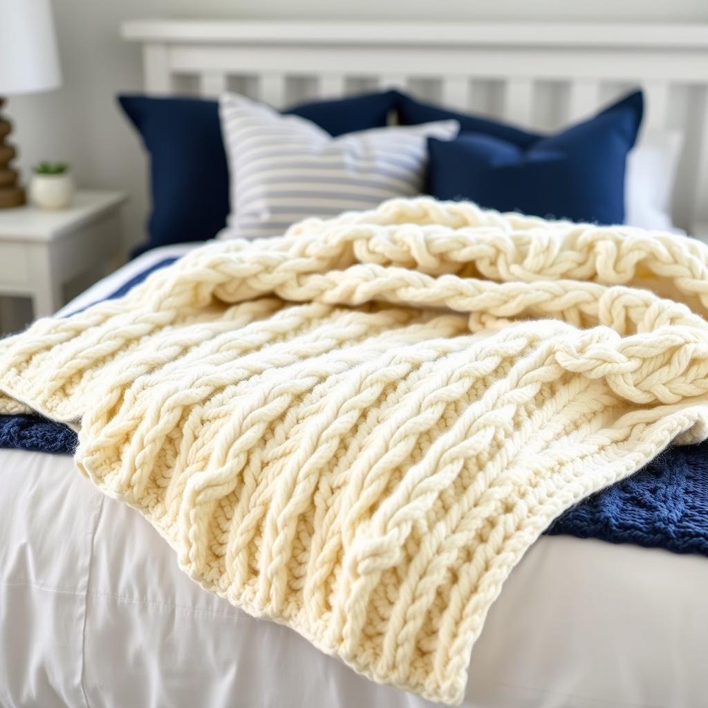 Chunky cable-knit throw blanket in cream color on coastal bed Chunky cable-knit throw blanket in cream color on coastal bed