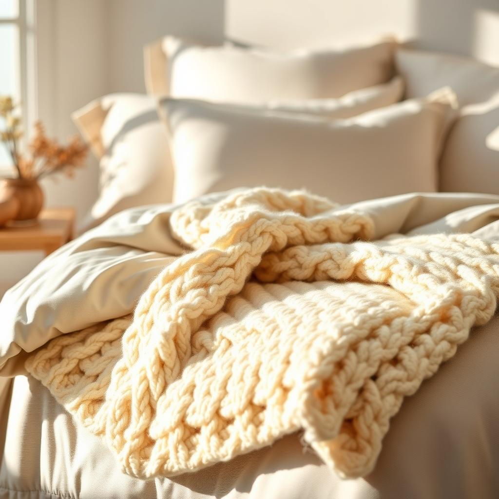 Chunky knit throw in cream color draped over coastal bedding Chunky knit throw in cream color draped over coastal bedding