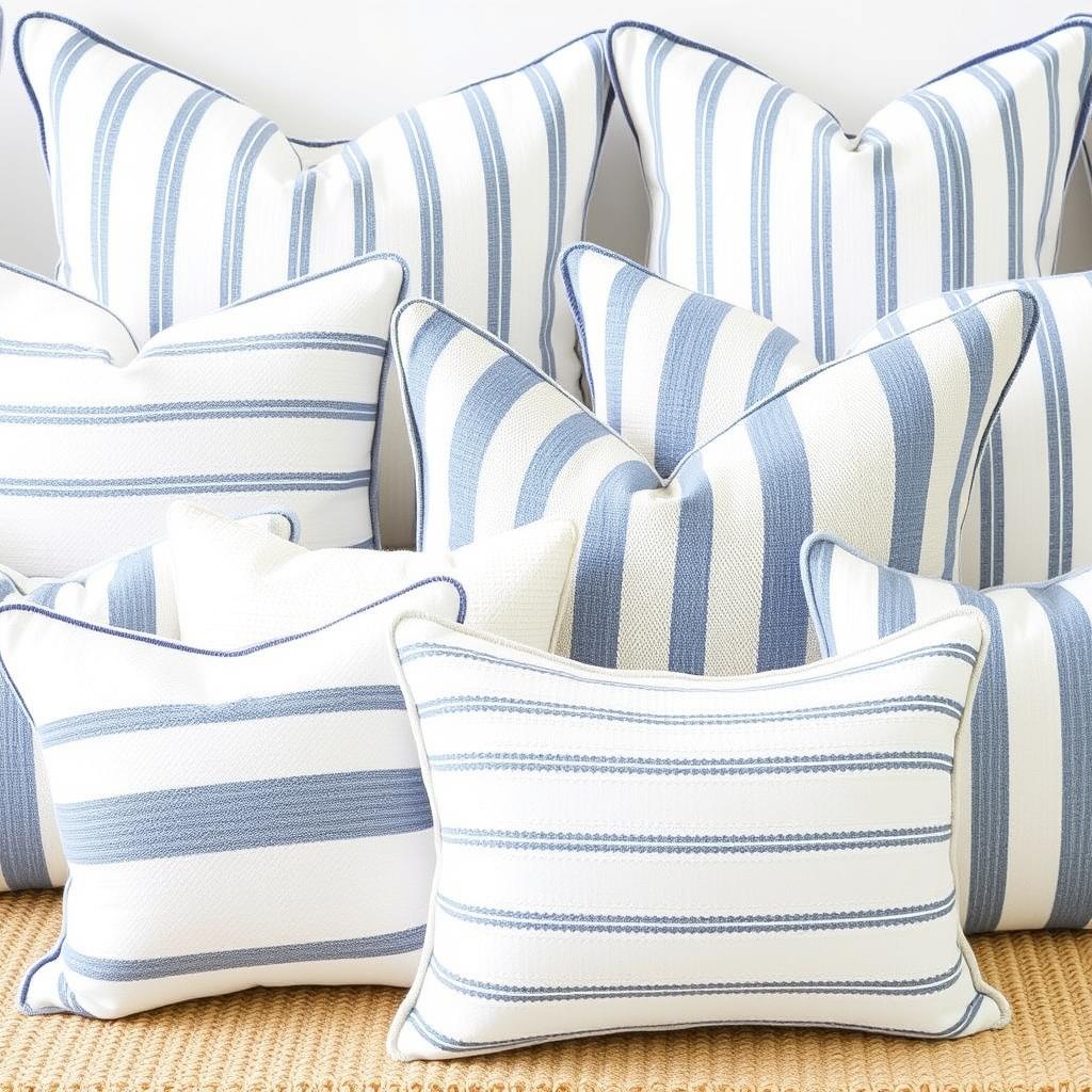 Classic blue and white striped pillows with various coastal textures Classic blue and white striped pillows with various coastal textures