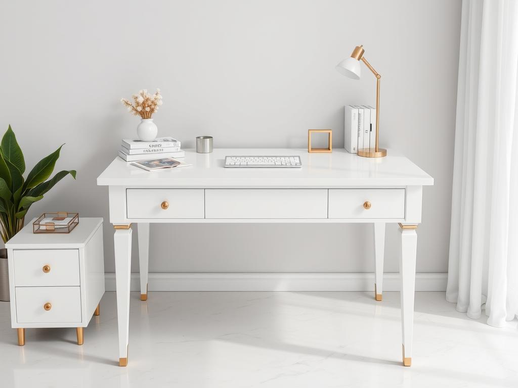 Clean white desk with minimal gold accents and organized workspace Clean white desk with minimal gold accents and organized workspace