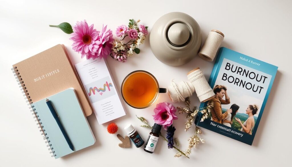 Collection of burnout recovery tools including journal, tea, and meditation cushion Collection of burnout recovery tools including journal, tea, and meditation cushion